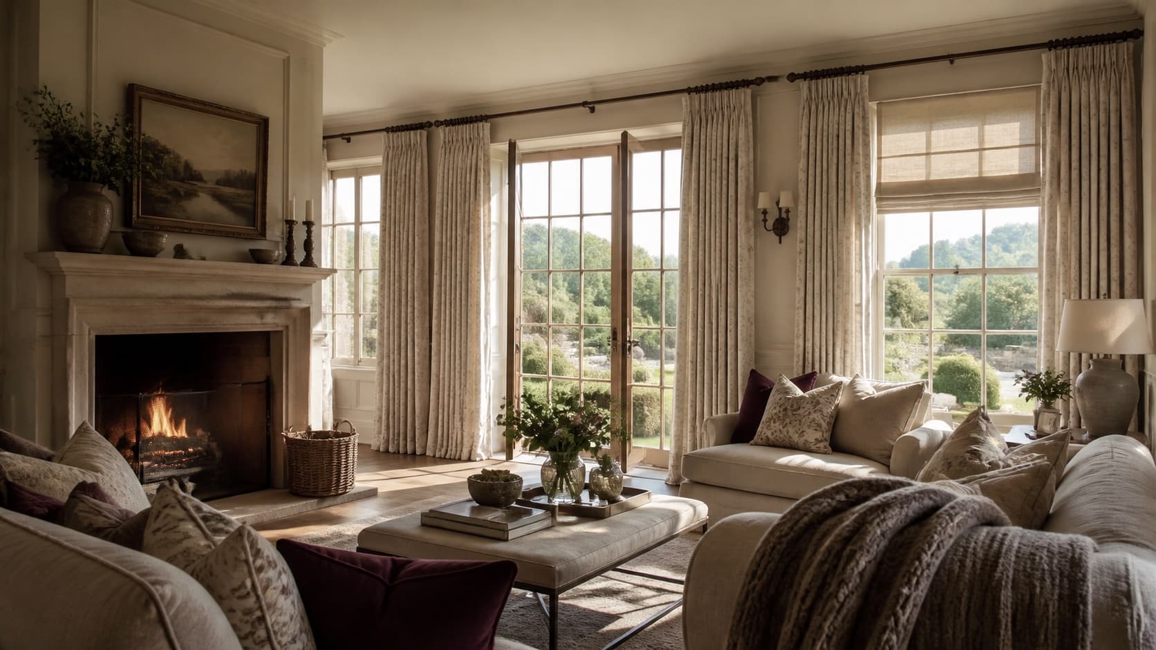 English country living room with fireplace, full-length curtains, Roman blind and garden view
